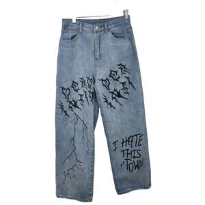 Shein 'I Hate This Town' Grunge Baggie Designer Like Boyfriend Jeans Size Medium